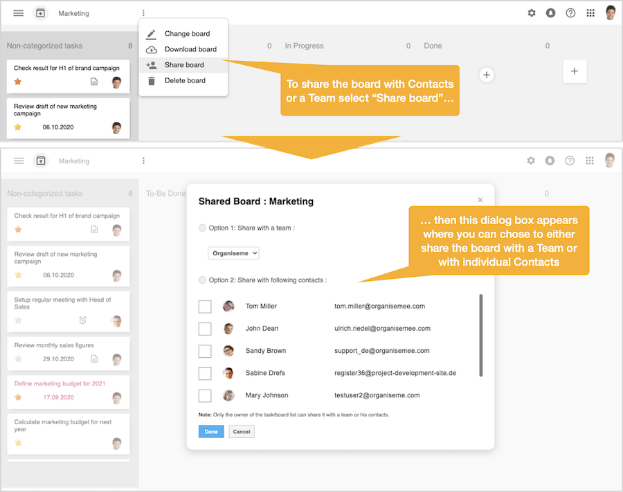 Share a task board either with a team or with contacts