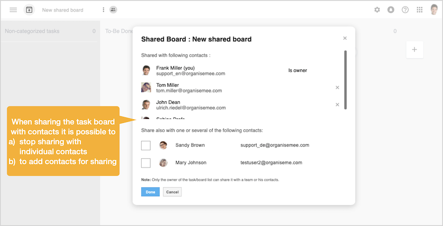 Dialog box displaying contacts or team members with whom the task board is shared