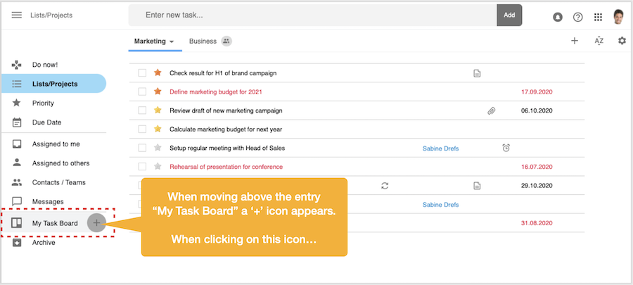 Initiate creation of a new task board by clicking on plus icon