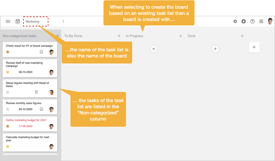 The new non-shared task board has been created based on an existing task list