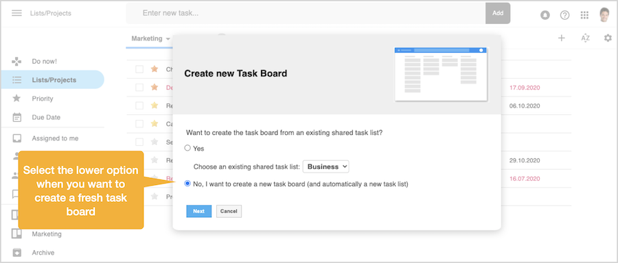 In the dialog box select option to create a new task board to create new tasks
