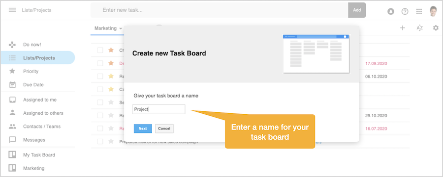Enter the name of the new task board in the diaplog box
