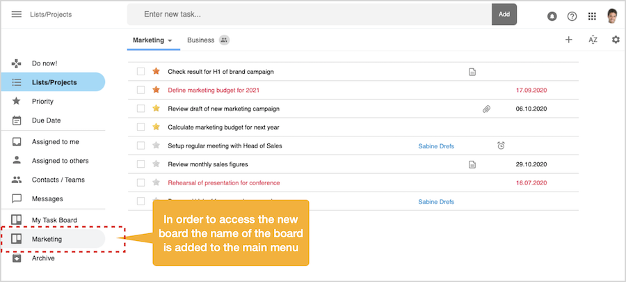 All task boards are listed in the main menu