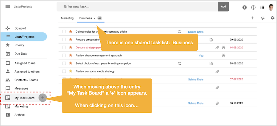 Initiate creation of a new task board by clicking on plus icon
