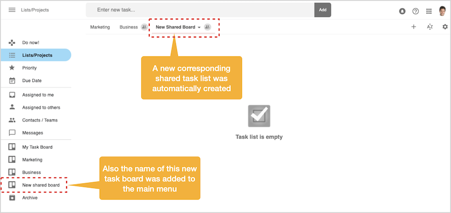 All task boards are listed in the main menu