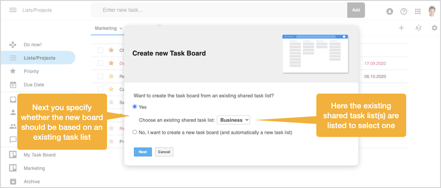 Then you need to specify whether you want to create the task board on an existing task list - or create a new, empty task board