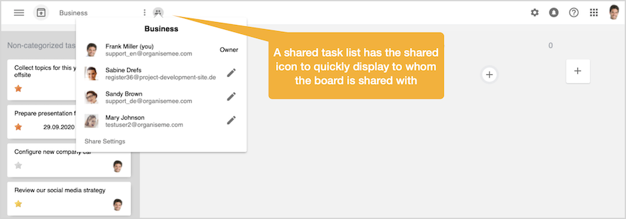 Pop-up menu displaying contacts or team members with whom the task board is shared