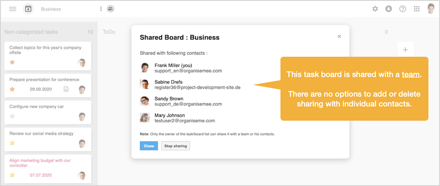 Dialog box displaying team members with whom the task board is shared