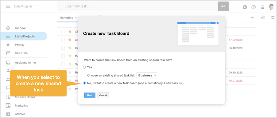 In the dialog box select option to create a new task board to create new tasks