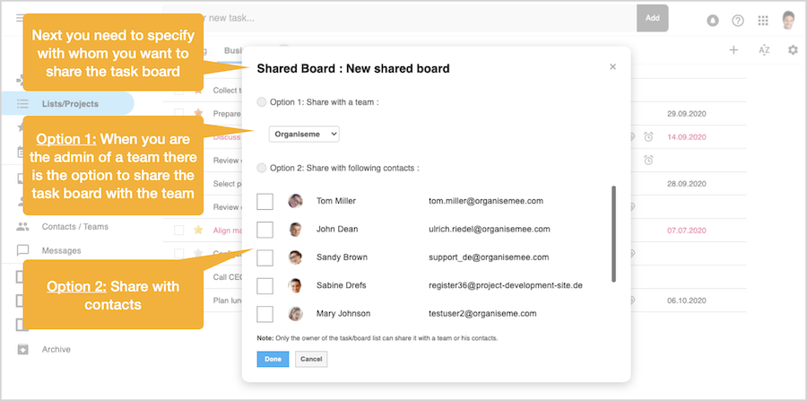 Select the team or the contacts with whom the task board should be shared
