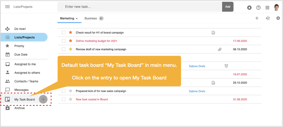 Open the My Task Board