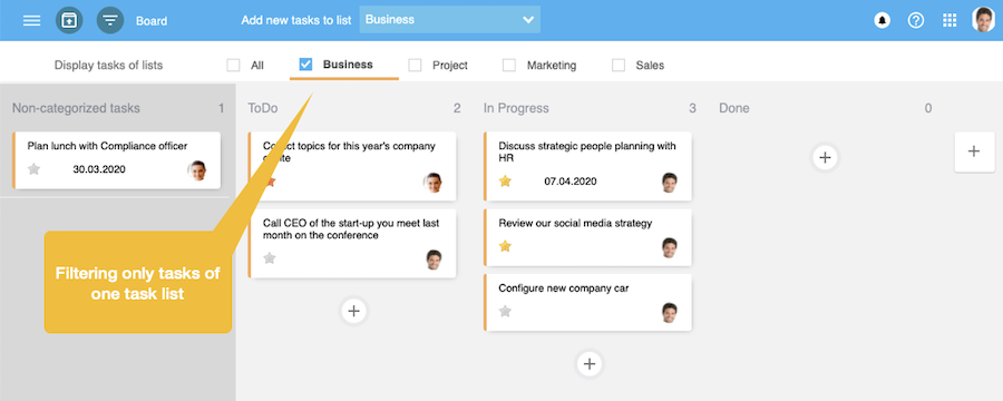 My Task Board with task list filter - only one task list selected