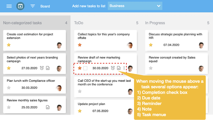 Move mouse above task card to show different options