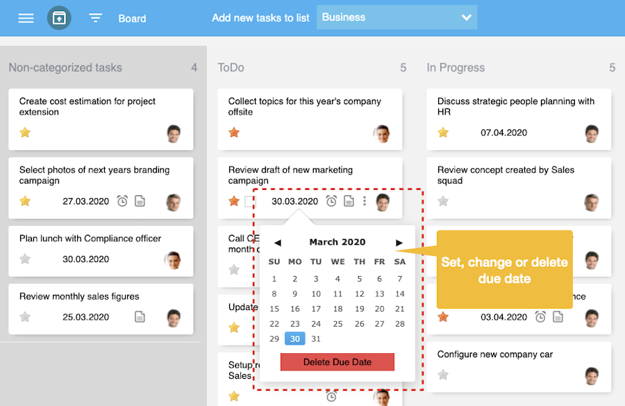 Set, edit or delete a due date