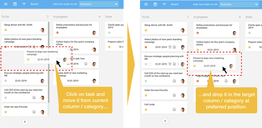 Task board - Assign task by drag-and-drop to another category