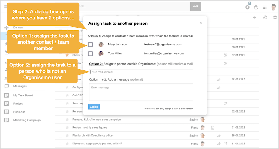 Assign task - dialog box for assigning tasks