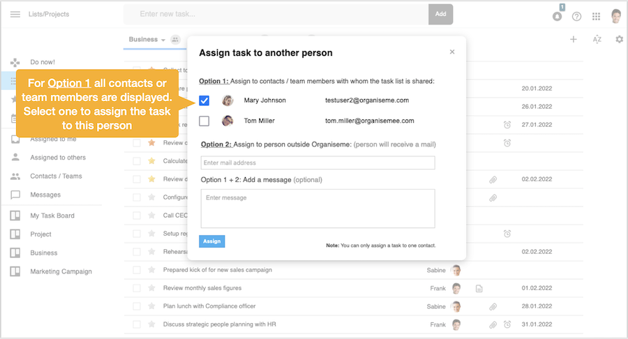 Assing task - select contact or team member