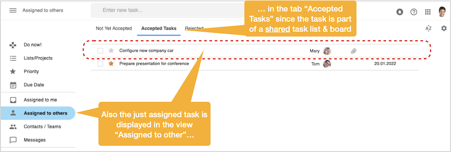 Assing task - Displayed in Assigned to others > Accepted view
