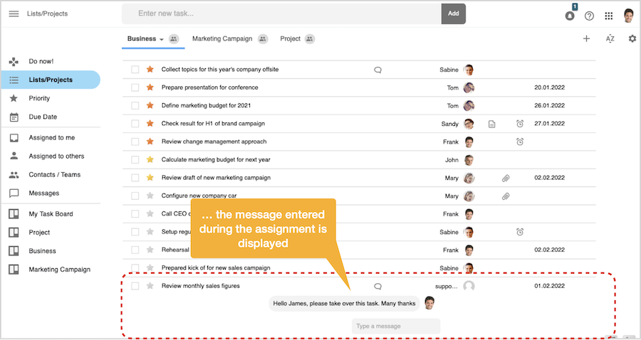 Assing task - Display message entered during assingment