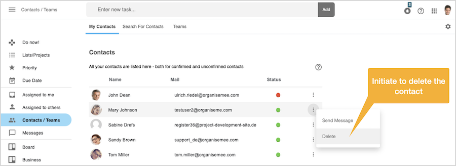 Initiate to delete a contact