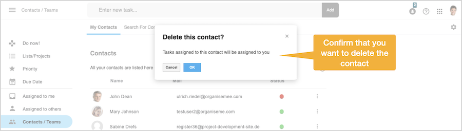 Confirm to delete a contact