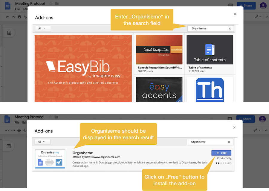 Initiate installing Organiseme Docs Add-on