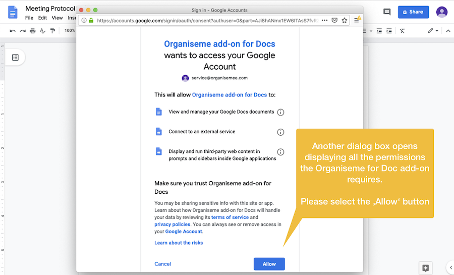 Initiate installing Organiseme Docs Add-on