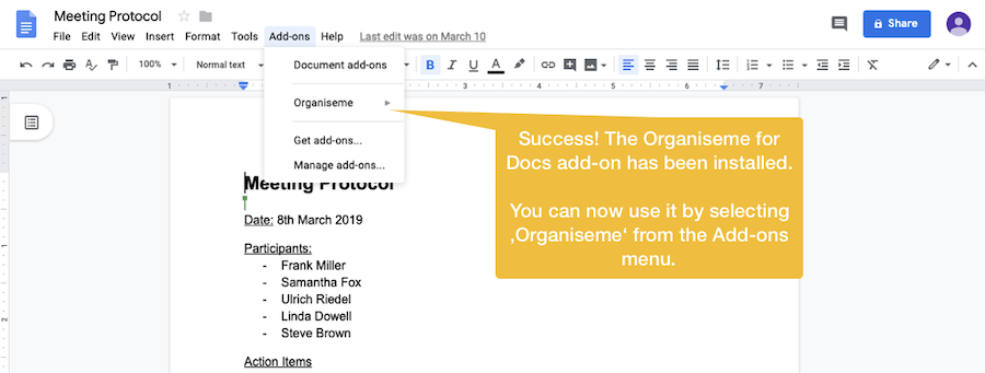 Initiate installing Organiseme Docs Add-on