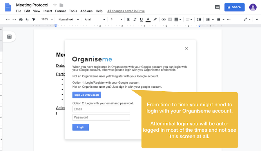 Login or registering with Organiseme