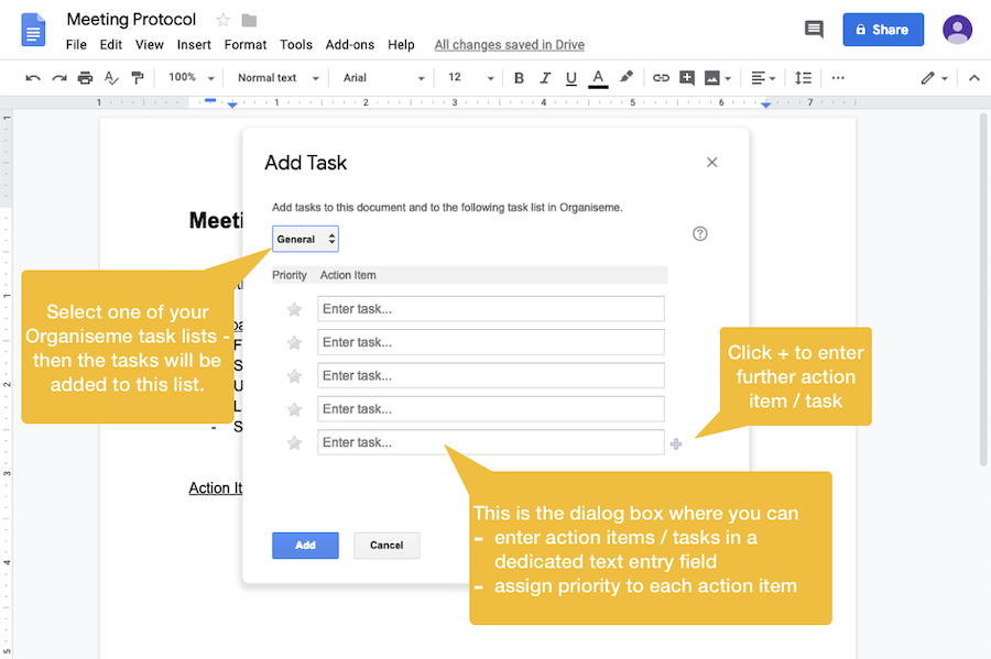 Organiseme Docs Add-on with entered action items
