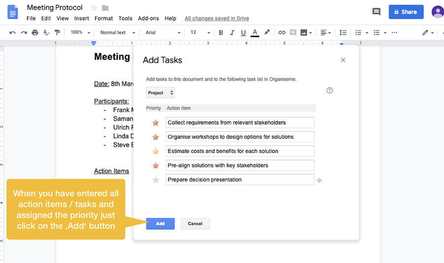 Organiseme Docs Add-on with entered action items