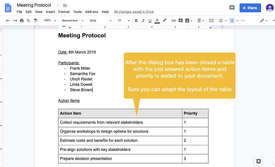 Table with action items created by Organiseme Docs Add-on