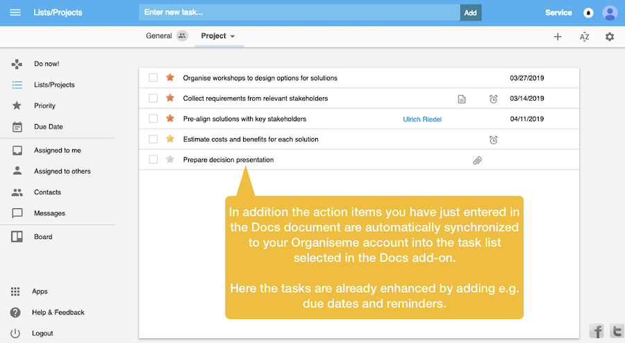 Tasks in Organiseme created from Docs Add-on