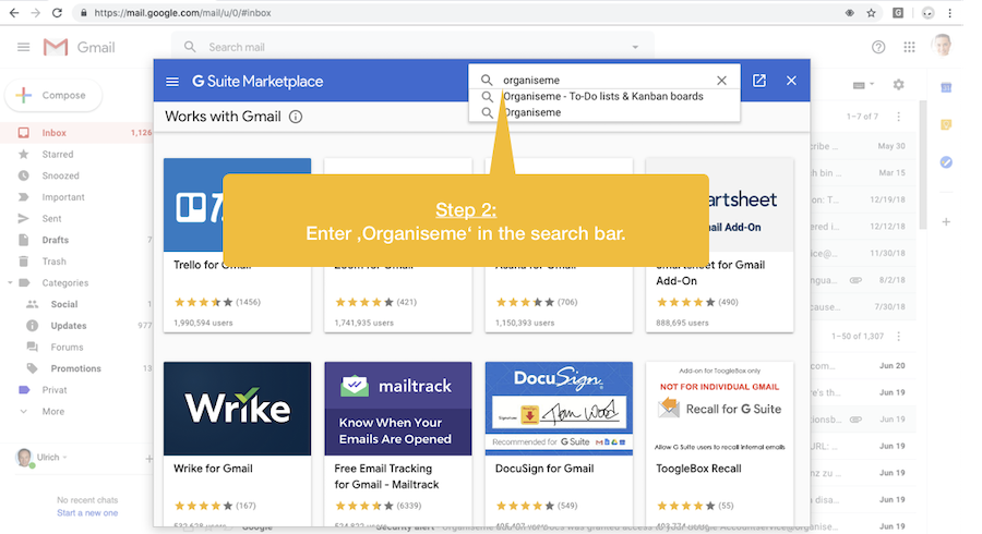Search for Organiseme add-on in G Suite marketplace