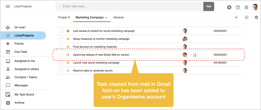 Task part of task list in Organiseme