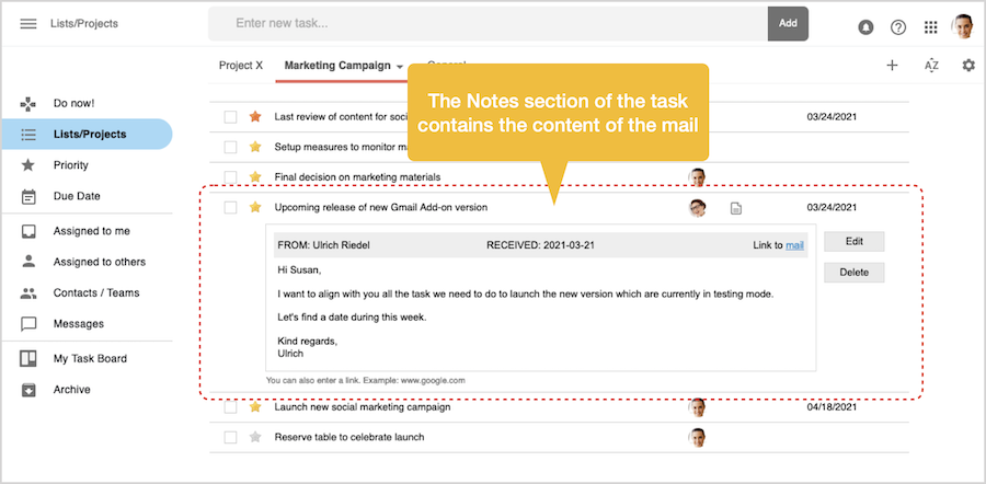 Task with the content of the mail in the note section