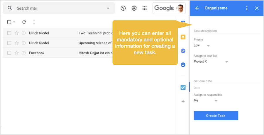 Page to create any task in Gmail Add-on