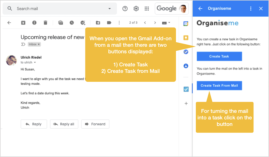 Initiate turning mail in Organisem task