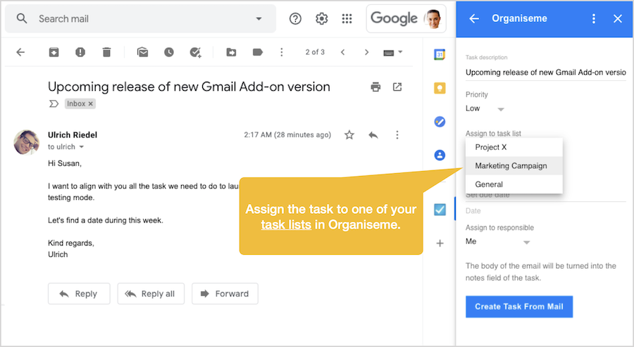 Assig task to one of your Organiseme'ss task list