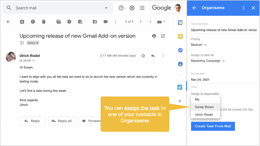 Assign task to one of your Organiseme's contacts