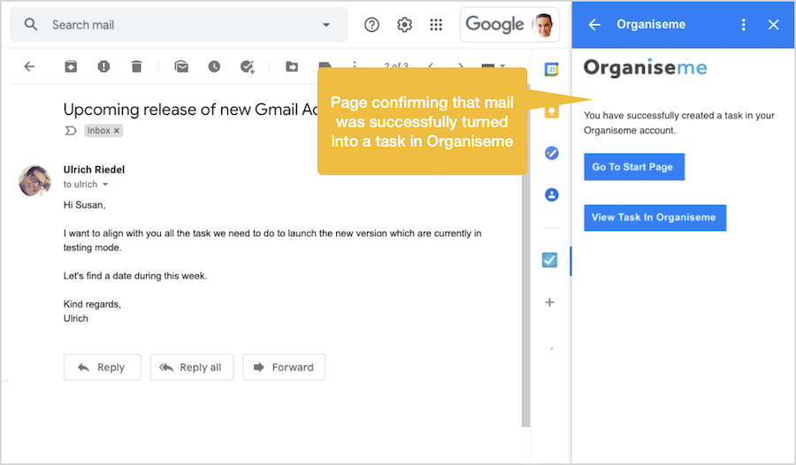 Confirmation page that task is successfully created