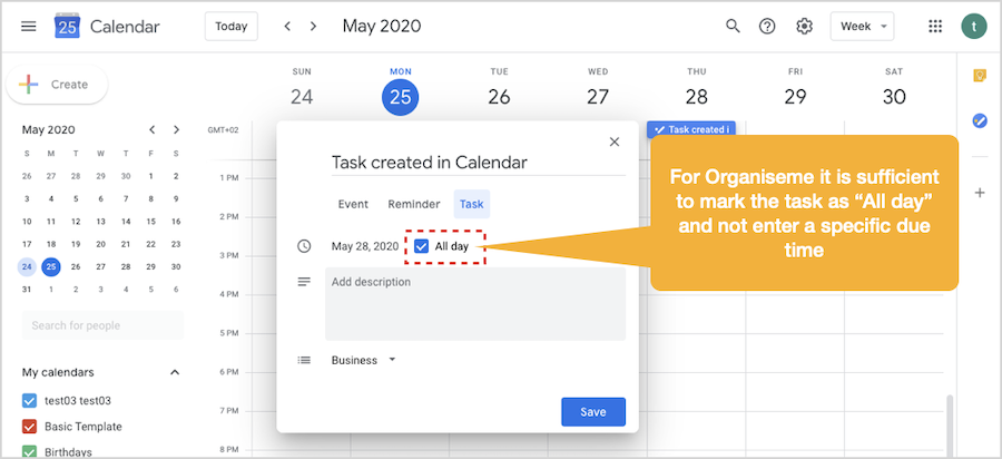 Create task in Google Calendar - 