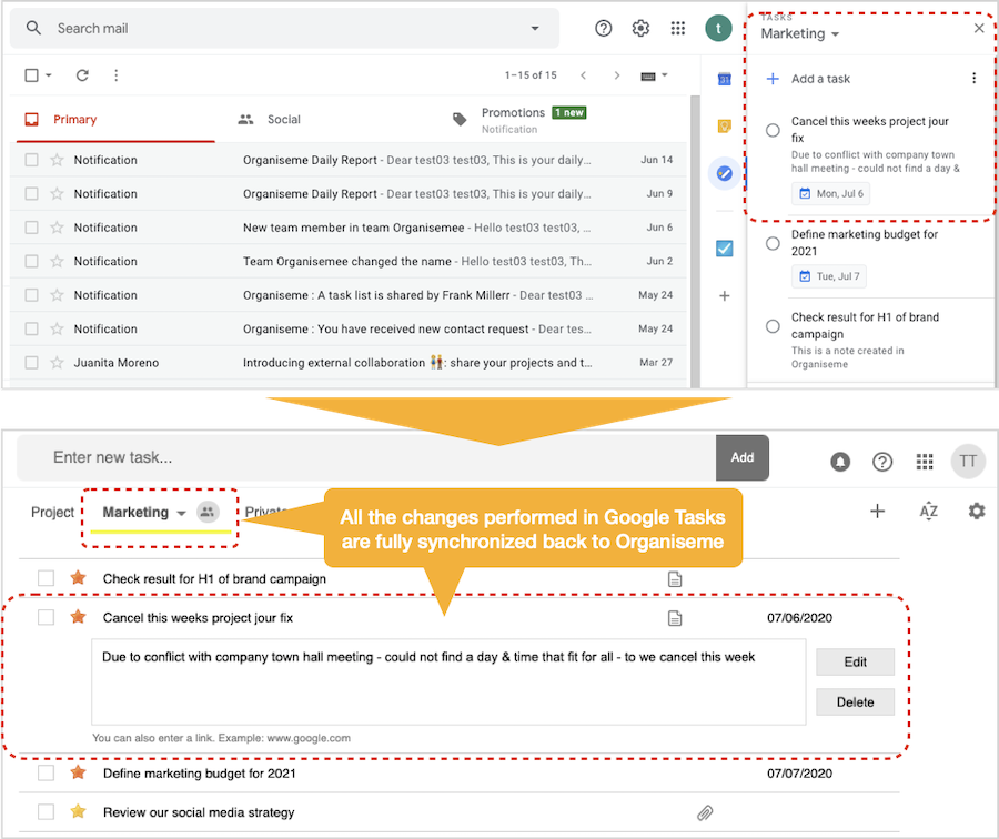 Editing Organiseme tasks in Google Tasks - All changes synchronized to Organiseme