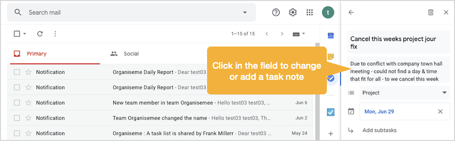 Editing Organiseme tasks in Google Tasks - Edit or enter task note