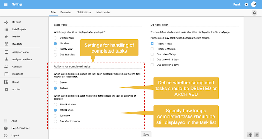 Settings for the archive