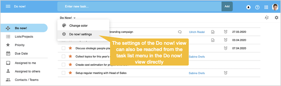 Settings to customize the Do now! view
