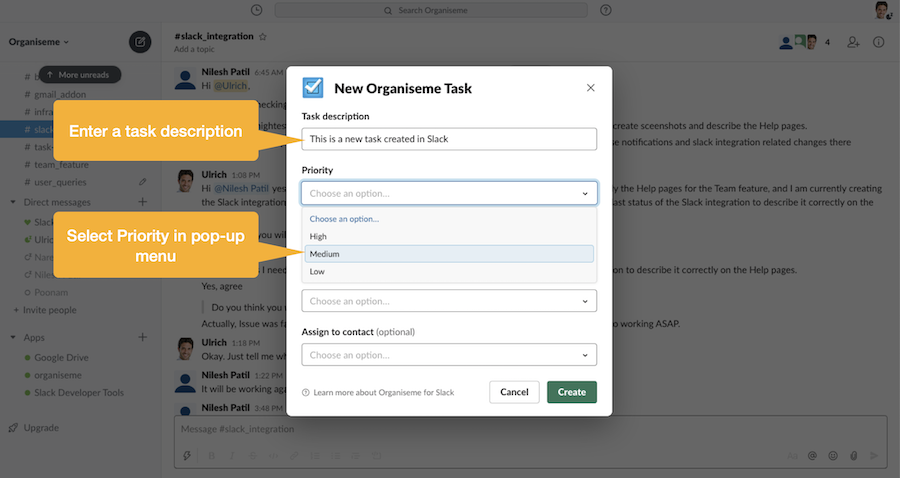 Confirmation message in Slack that the task was created in Organiseme