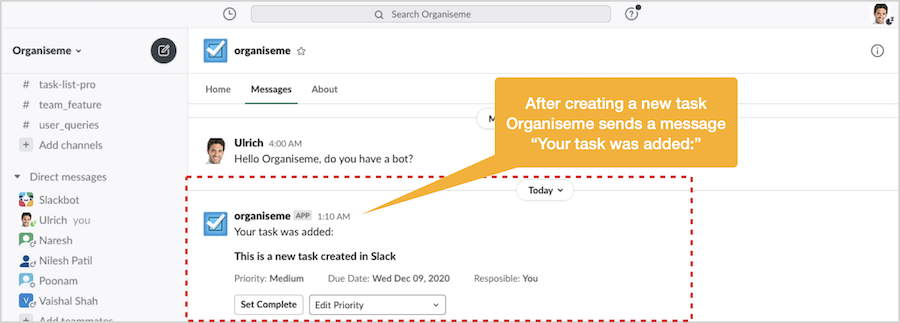 A task created in Slack displayed in Slack