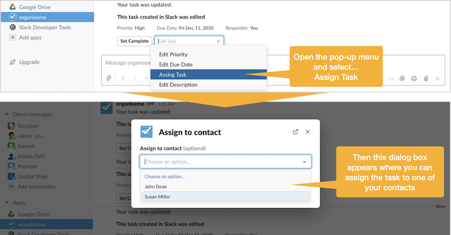 Initiate assignment of task to contact / team member