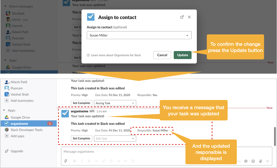 Task has been assigned to contact / team member directly in Slack